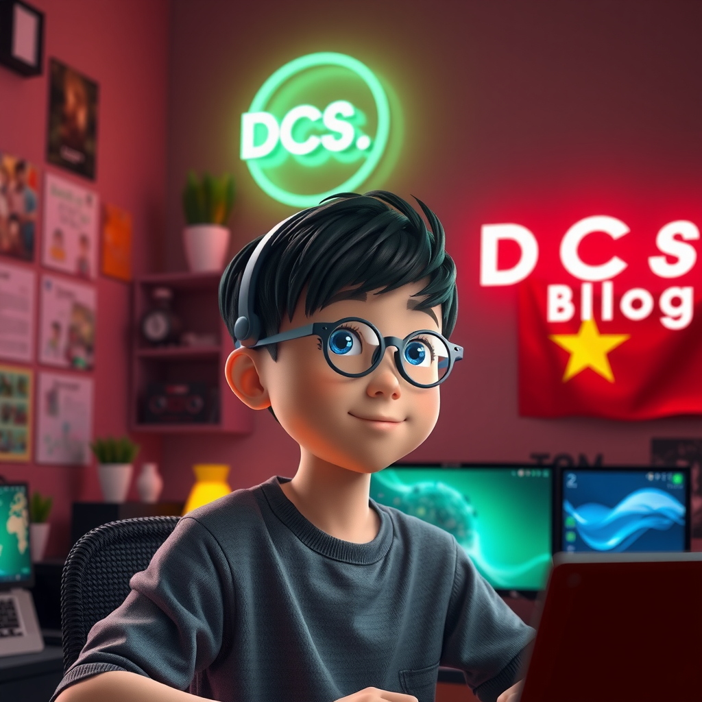 A Vietnam boy with glasses in a coding room.