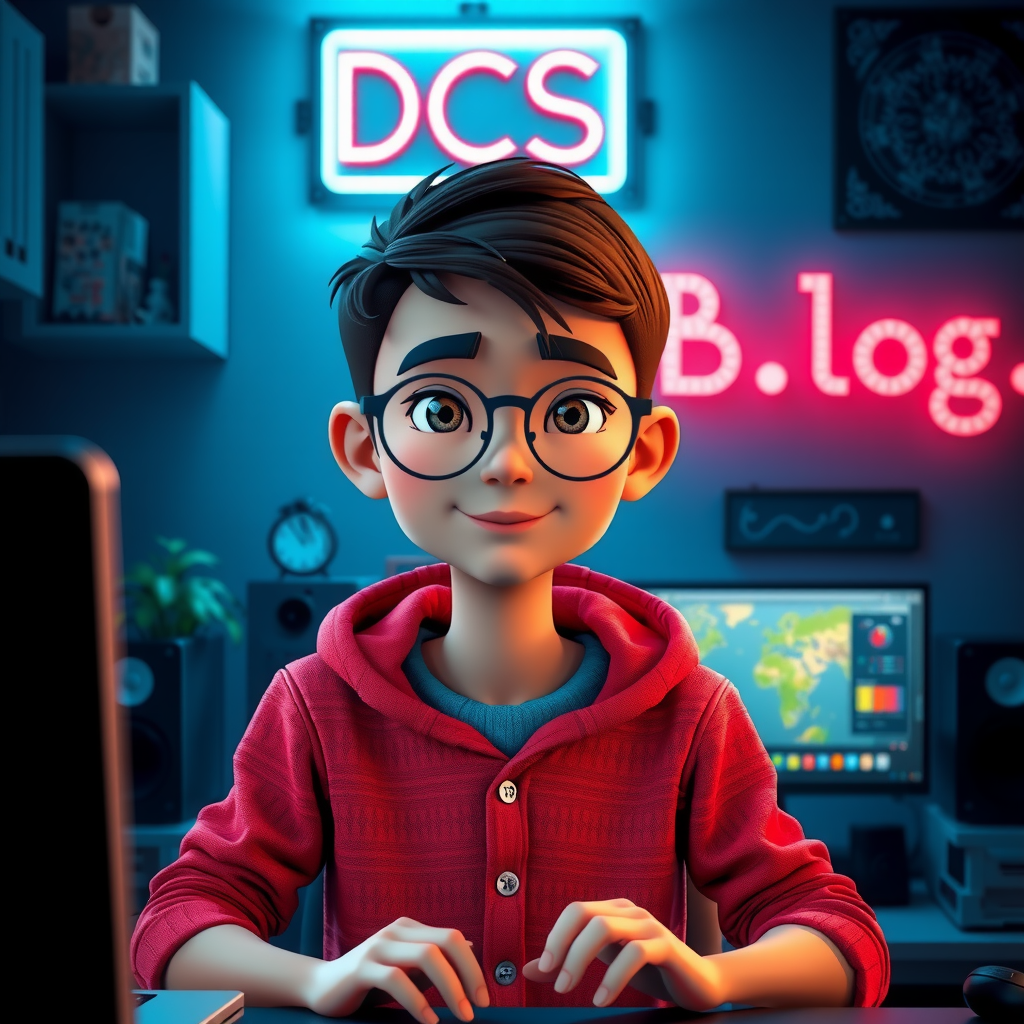 A Vietnamese Boy with Glasses in Neon Room