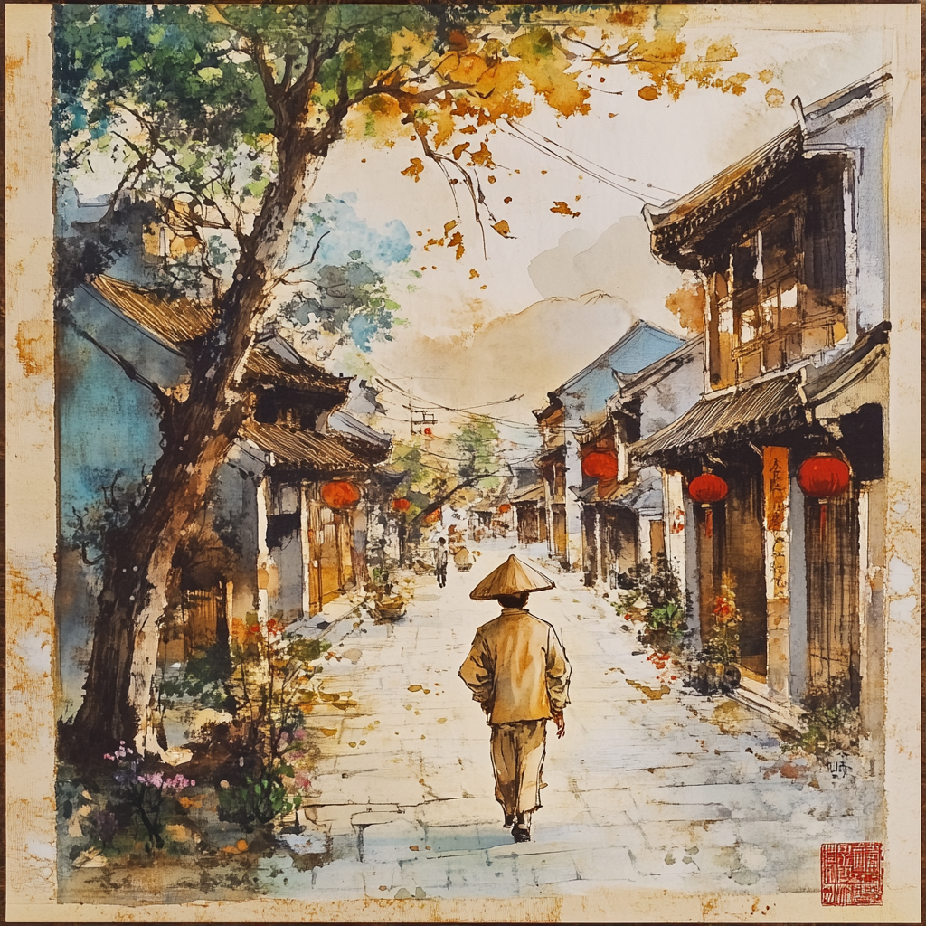 A Vietnamese Master Walking in Ancient Town