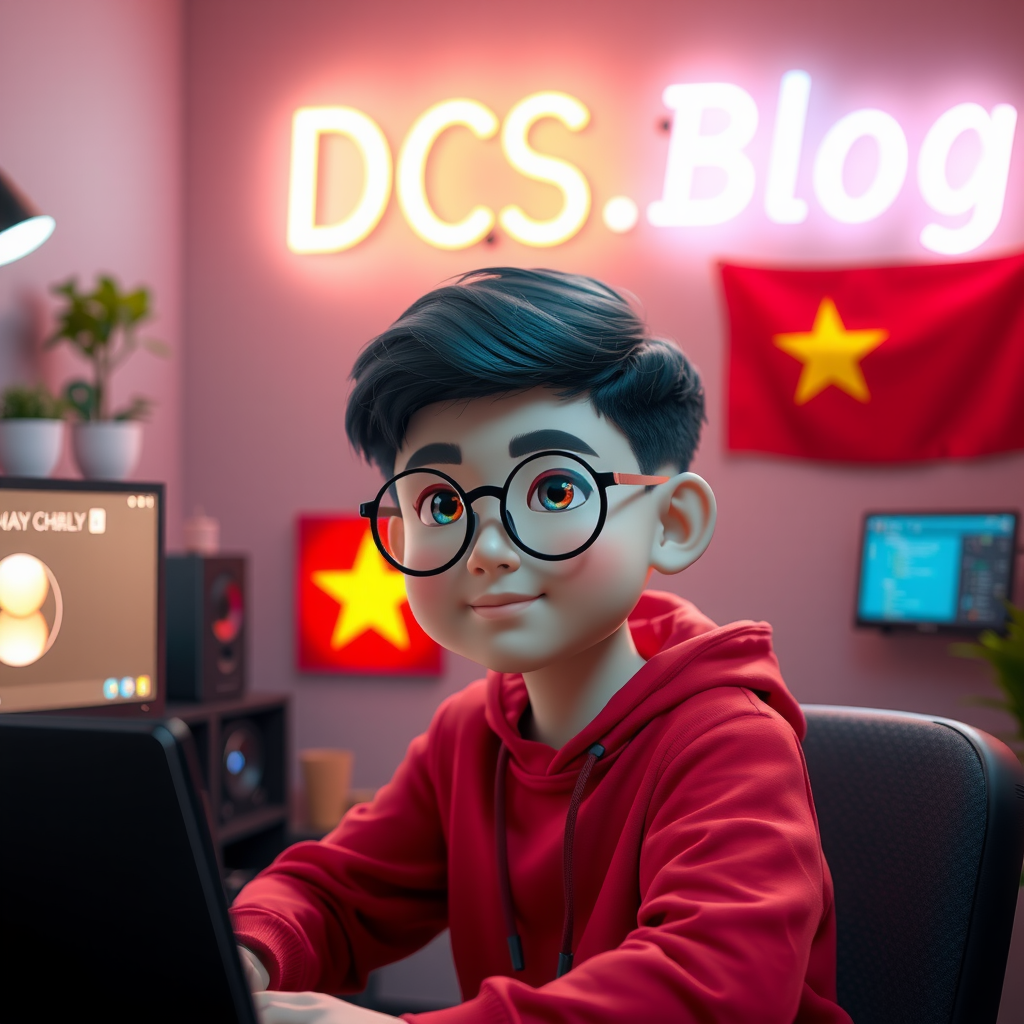 A Vietnamese boy with glasses in tech room