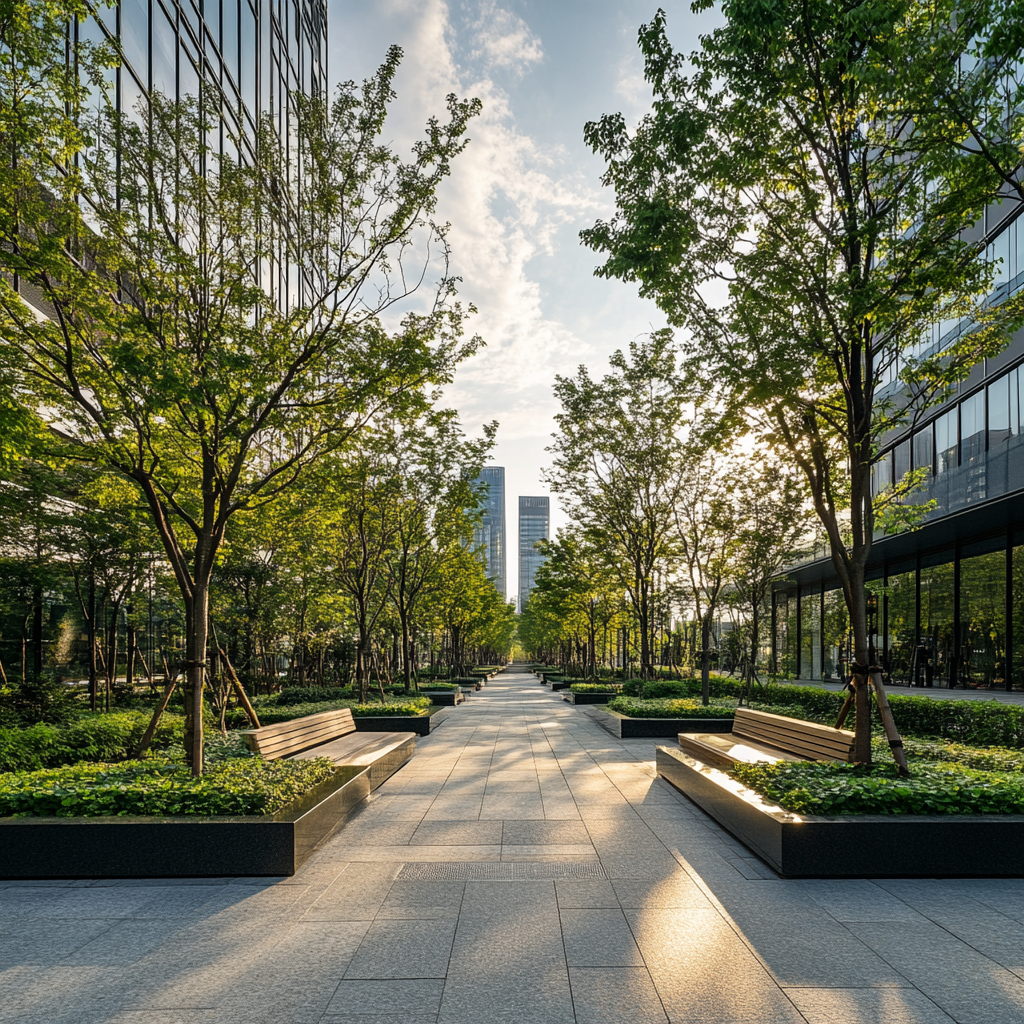 A View of Modern Downtown Garden with Trees and Benches