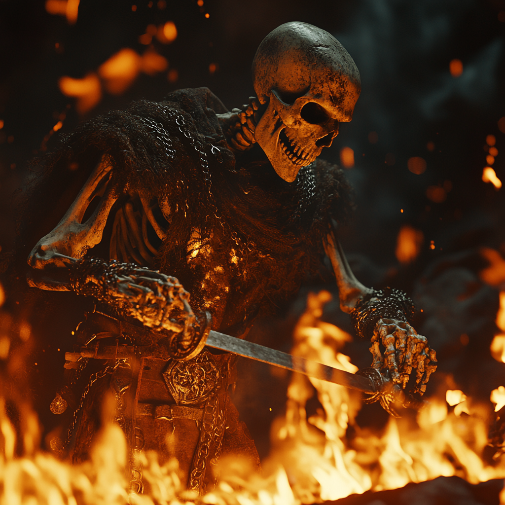 A Viking skeleton blacksmith crafting a flaming sword