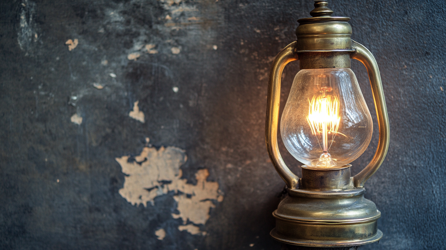 A Vintage Brass Lamp Glowing in Dark Room