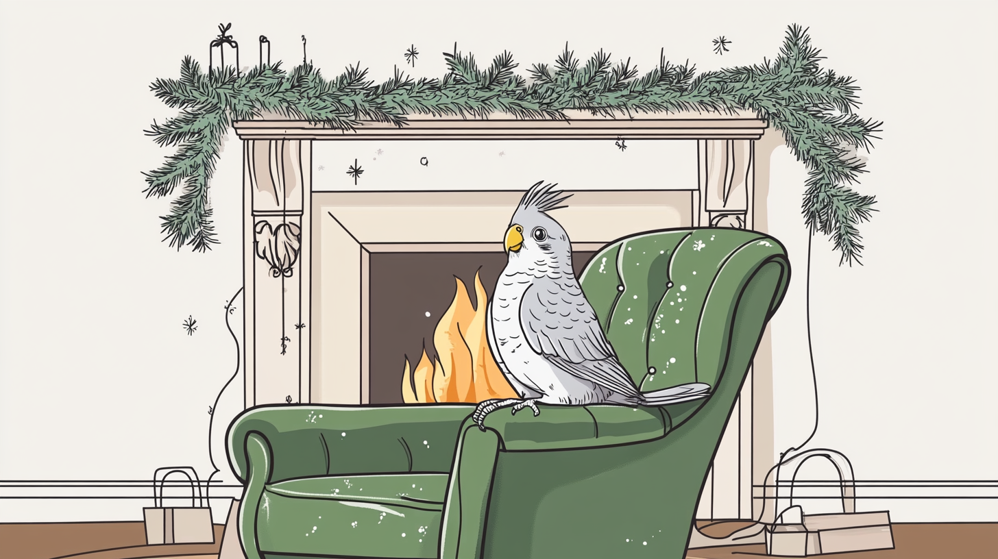 A Vintage Christmas Card with Cockatiel by Fireplace