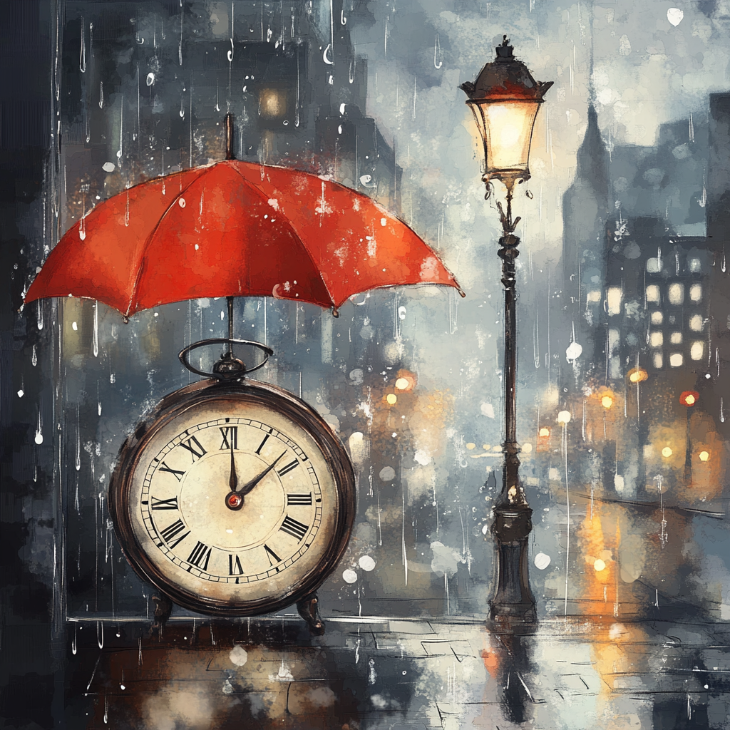 A Vintage Clock in Rainy Cityscape Scene