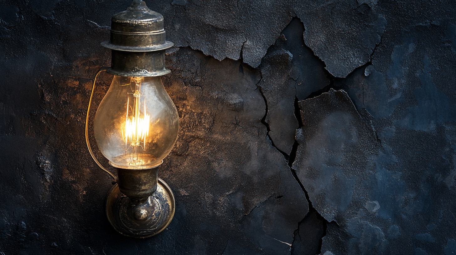 A Vintage Electric Lamp Glowing on Cracked Wall