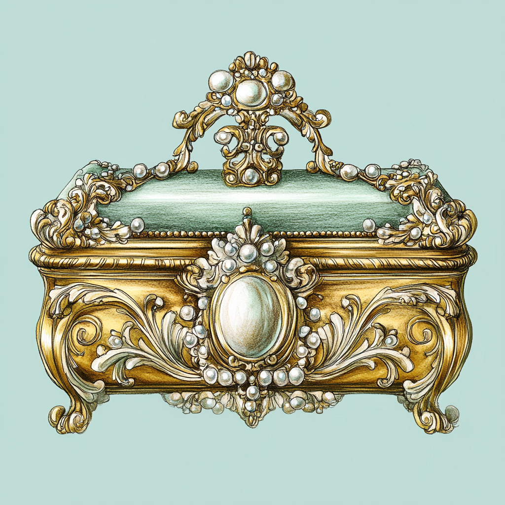 A Vintage Golden Treasure Box with Pearls and Gold