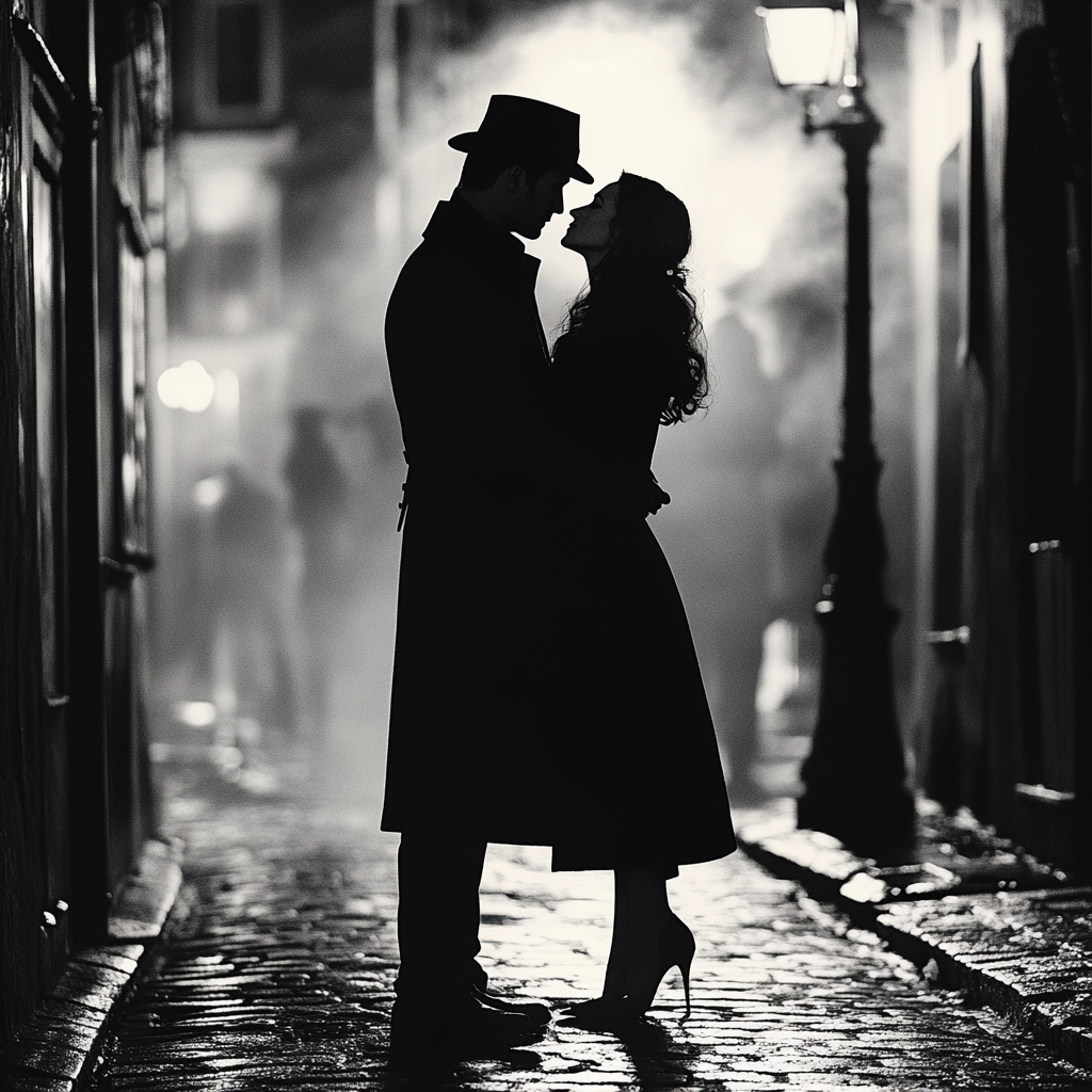 A Vintage Romantic Scene on Misty Cobbled Street