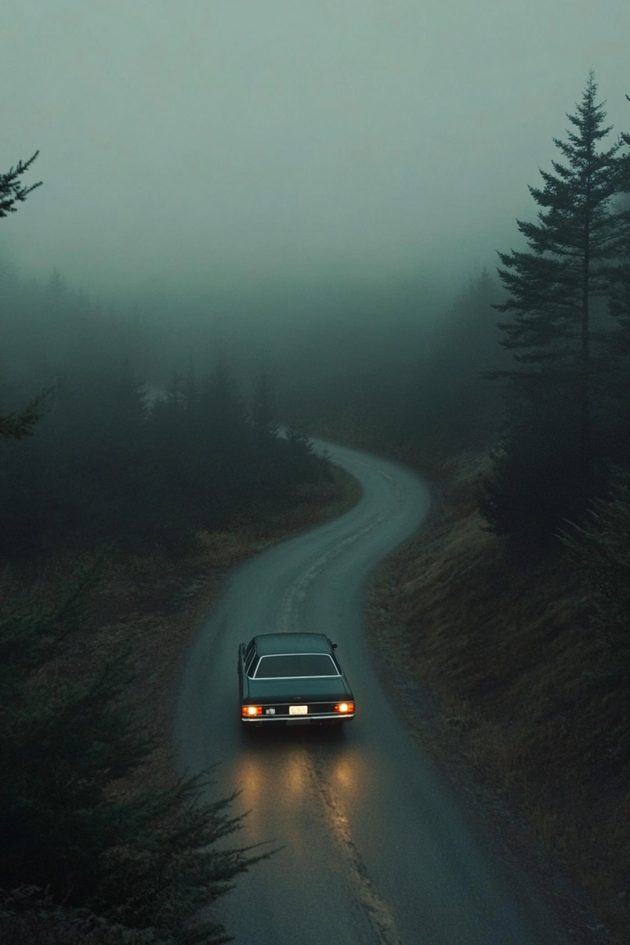 A Vintage Toyota Driving in Foggy Mountains