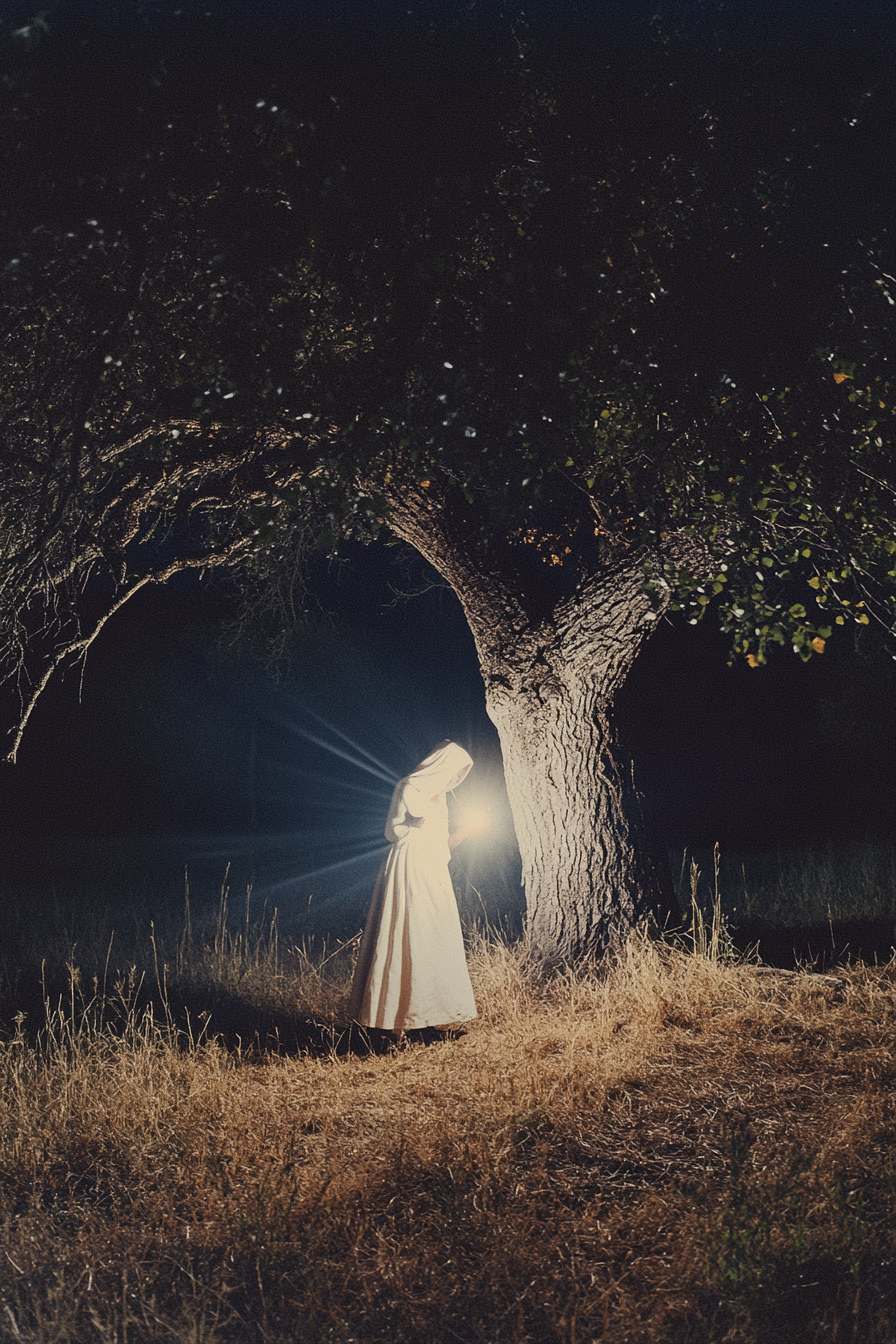 A Vintage Witch at Night with Flashlight