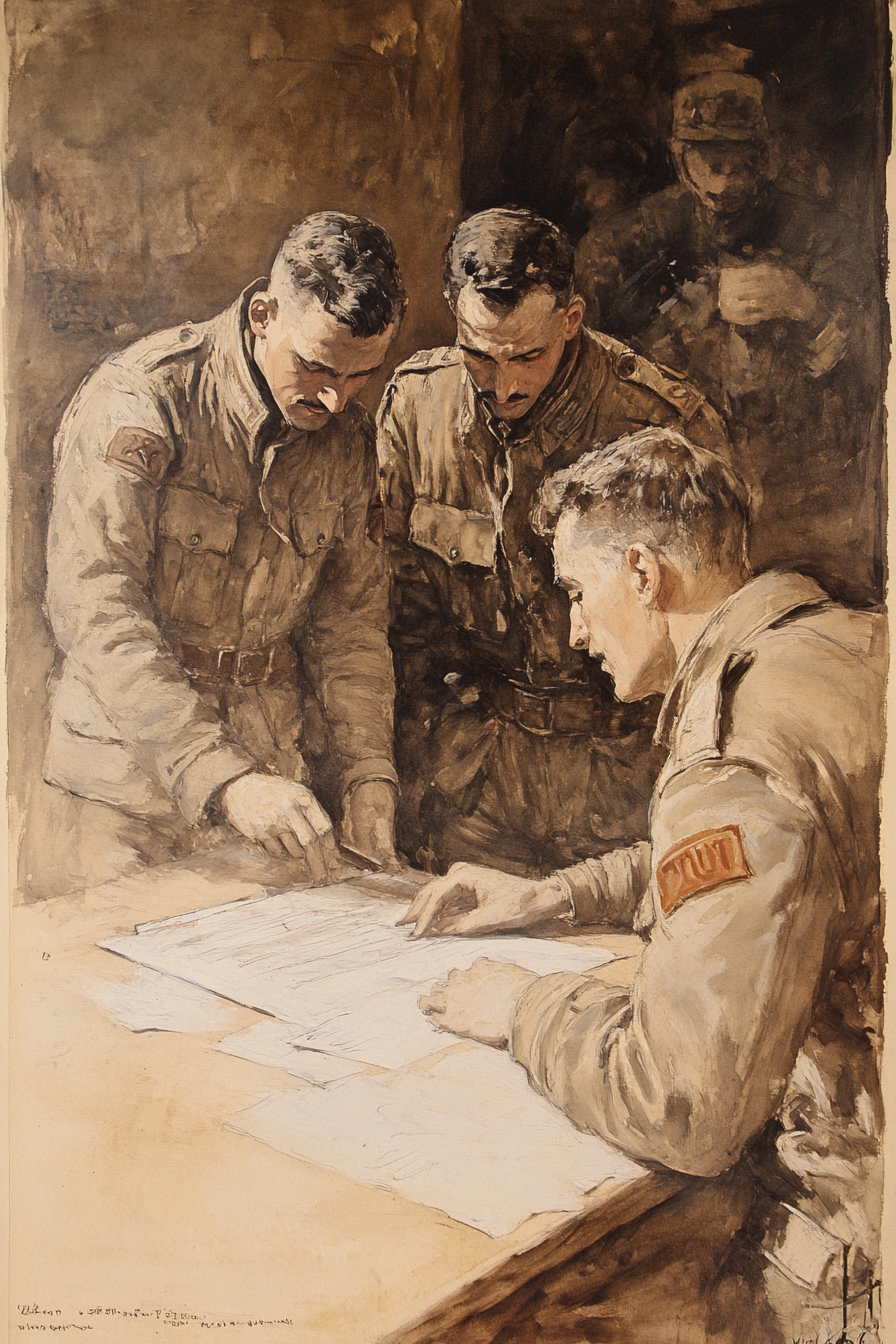 A WWI poster showing men registering for draft.