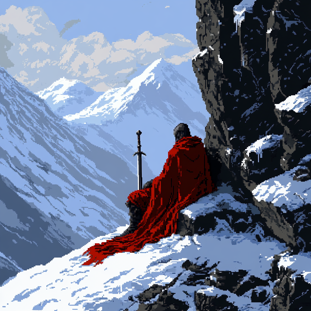 A Warrior Resting in Snowy Mountain with Red Cloak