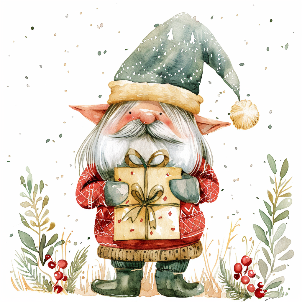 A Watercolor Christmas Gnome Holding Present in Mary Blair Style