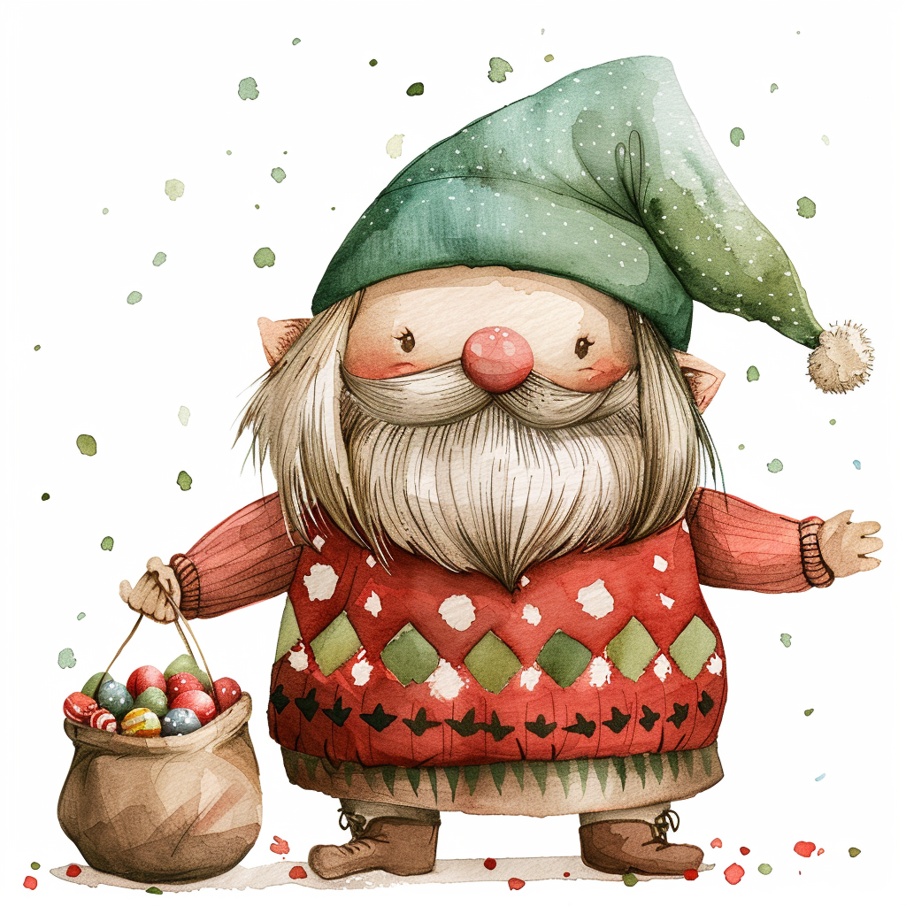 A Watercolor Christmas Gnome with Candy Sack Illustration