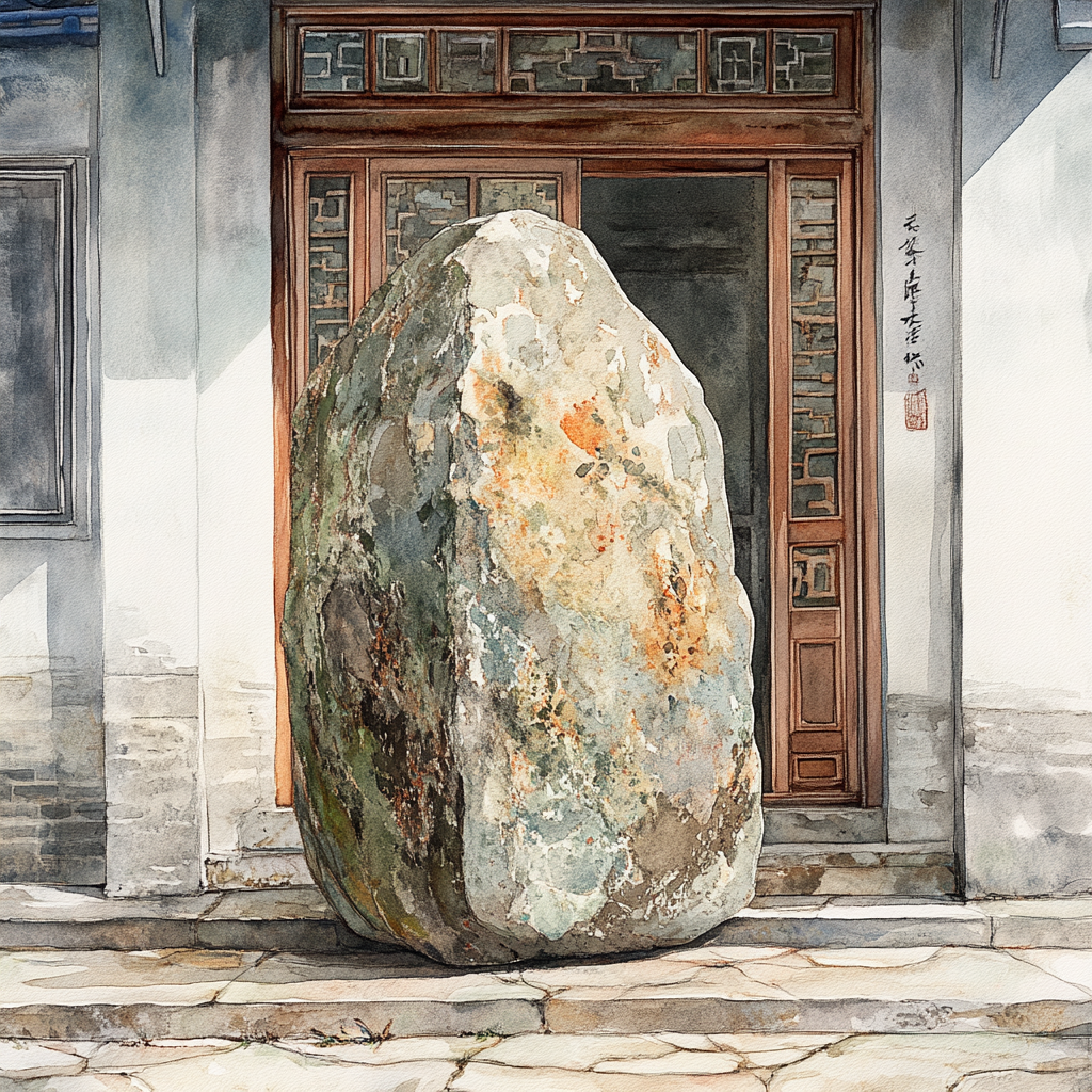 A Watercolor of a Chinese Rock at the Door