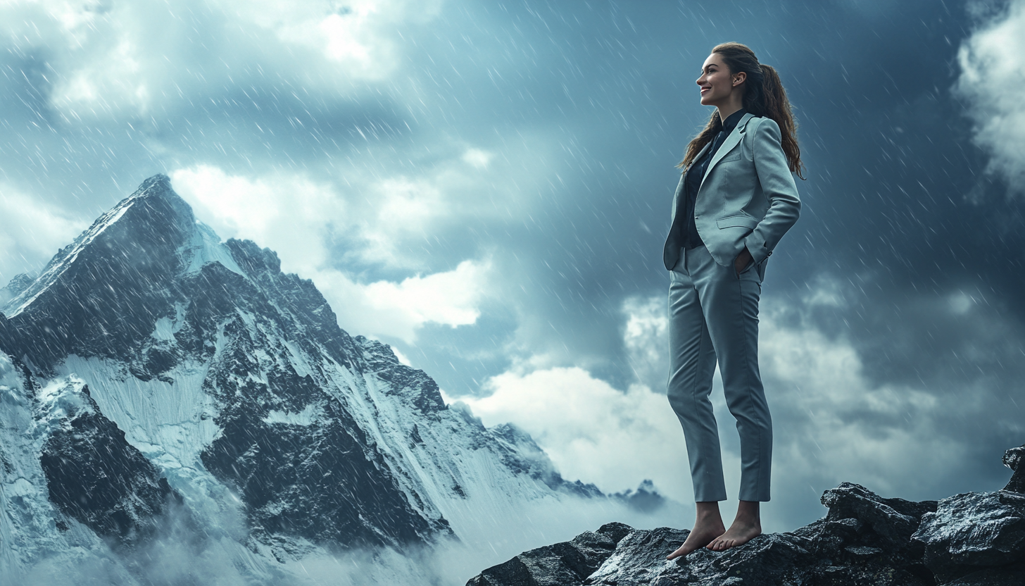 A Well-Dressed Female Lawyer Smiling on Mount Everest