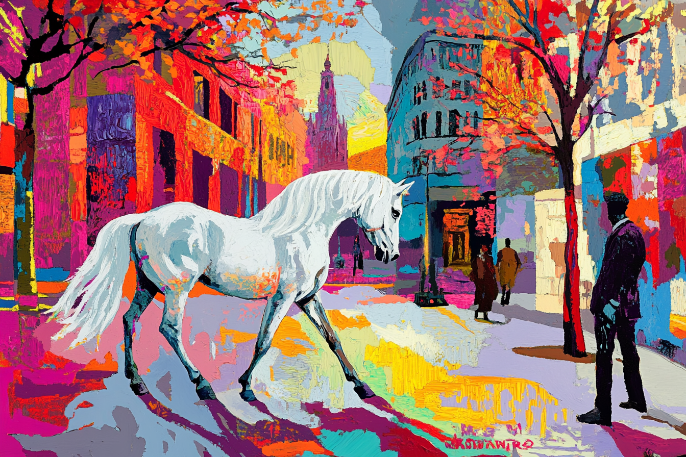 A White Horse Roaming in Early Morning City