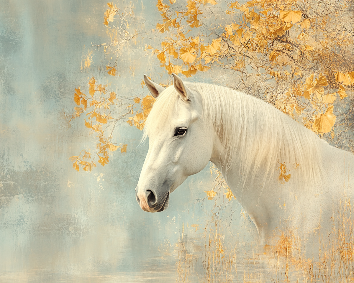 A White Horse by a Magnificent Ginkgo Tree