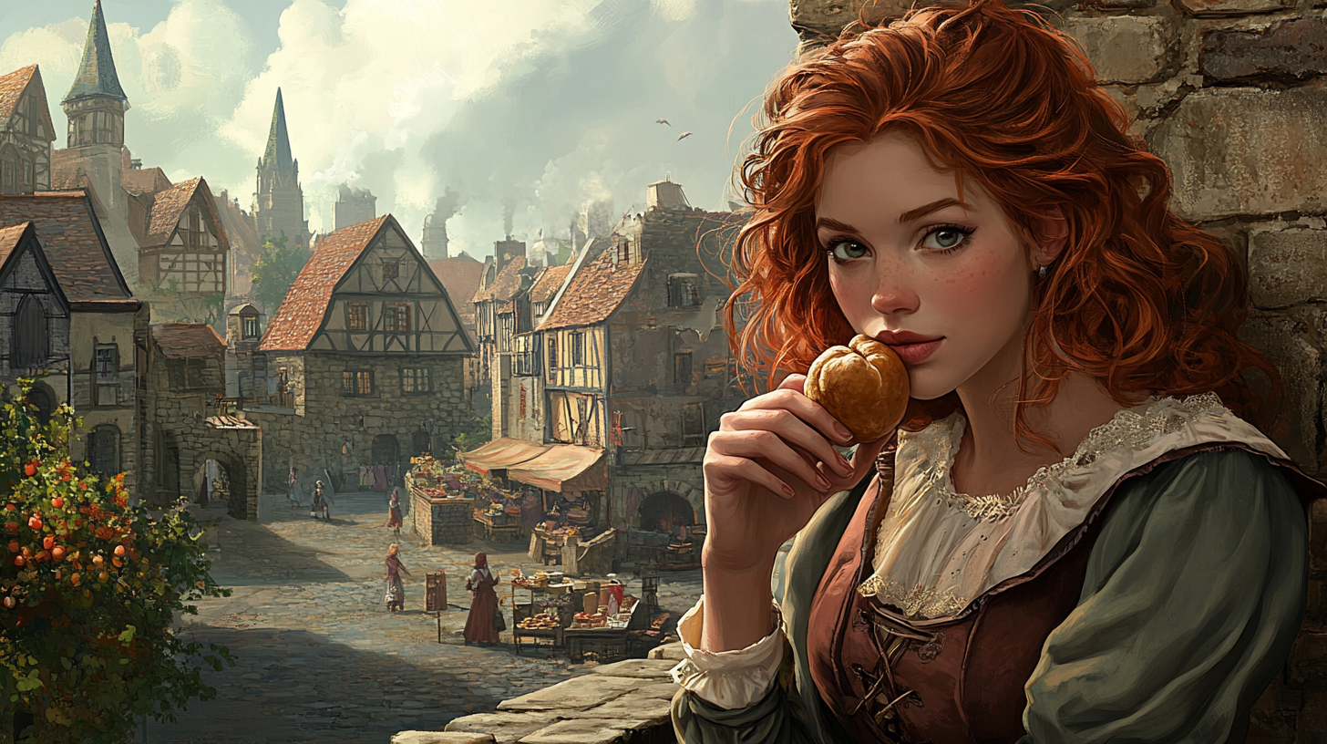 A Wistful Woman in Cobblestone Fantasy Town