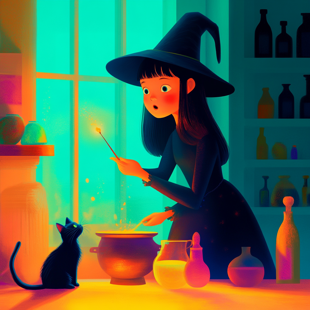 A Witch Mixing Potions in a Magical House.