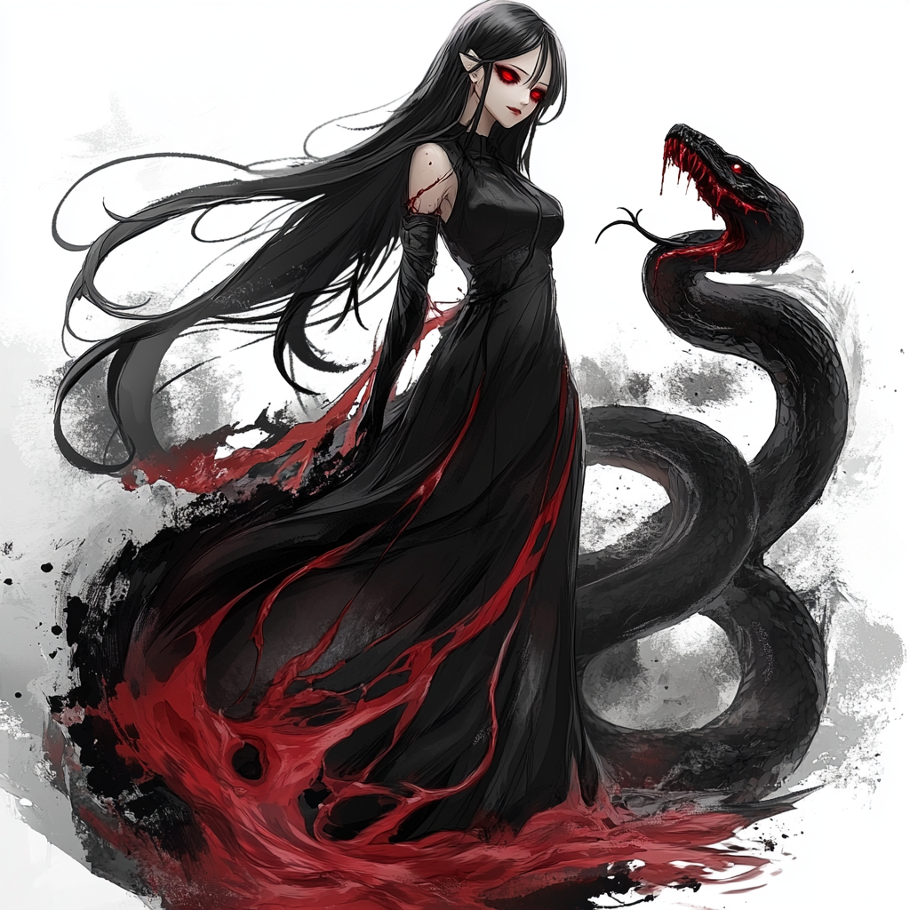 A Witch with Red Eyes and Black Serpent Monster