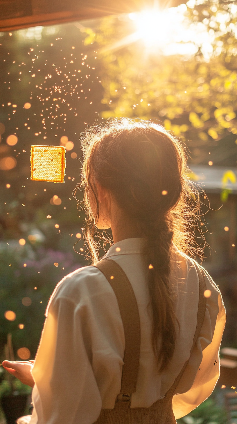 A Woman Beekeeper Examines Honeycomb in Golden Light