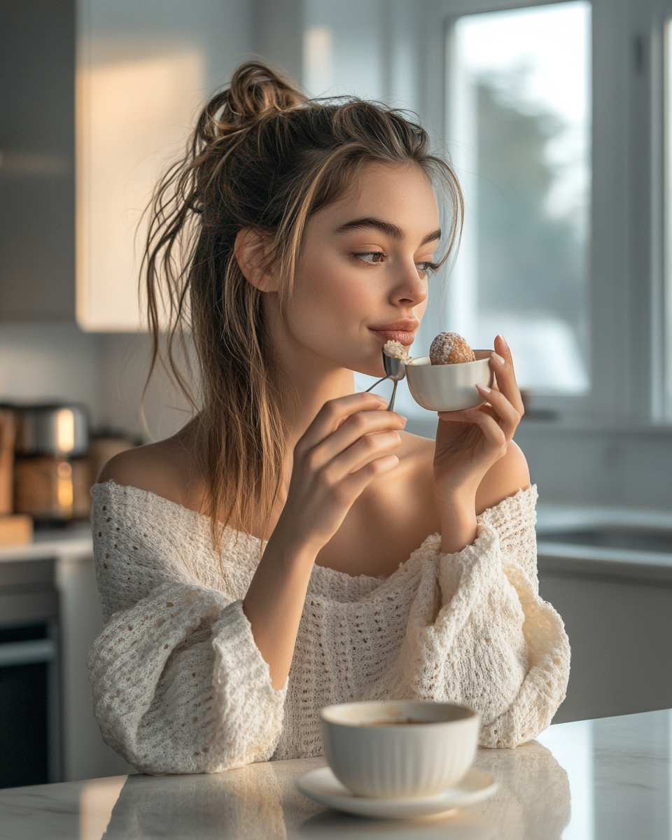 A Woman Eating Dessert in Modern Kitchen