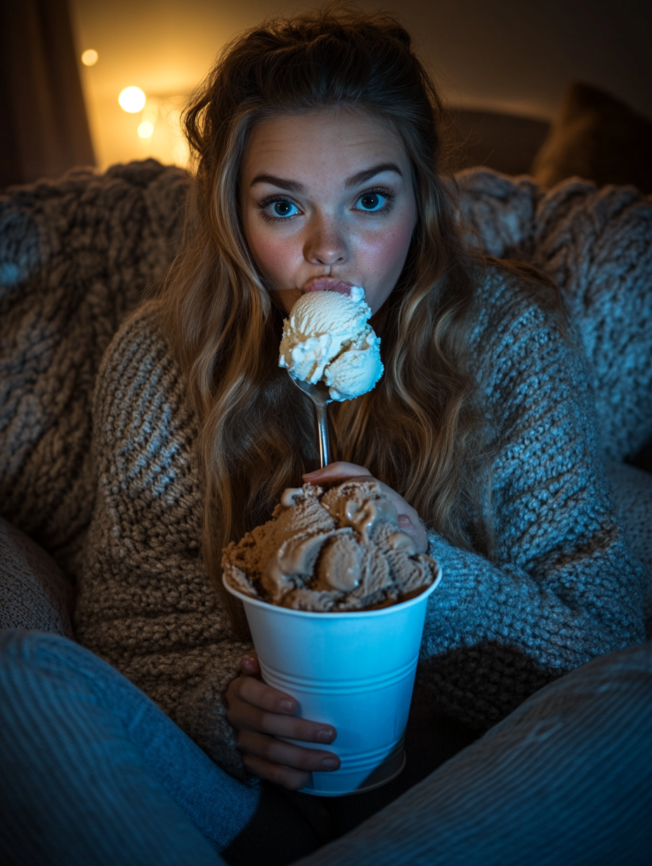 A Woman Eating Ice Cream in Cozy Room