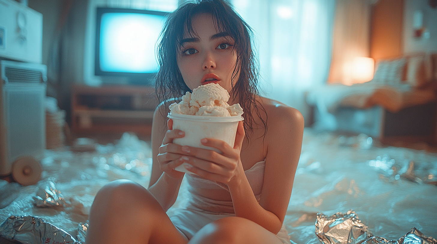 A Woman Eating Ice Cream in Messy Room