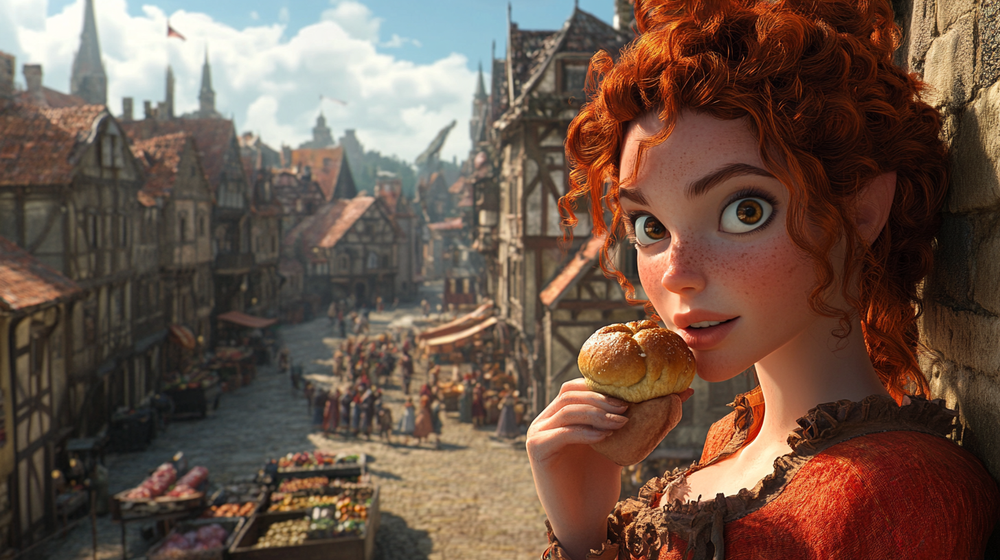 A Woman Eating a Bun in Fantasy Town