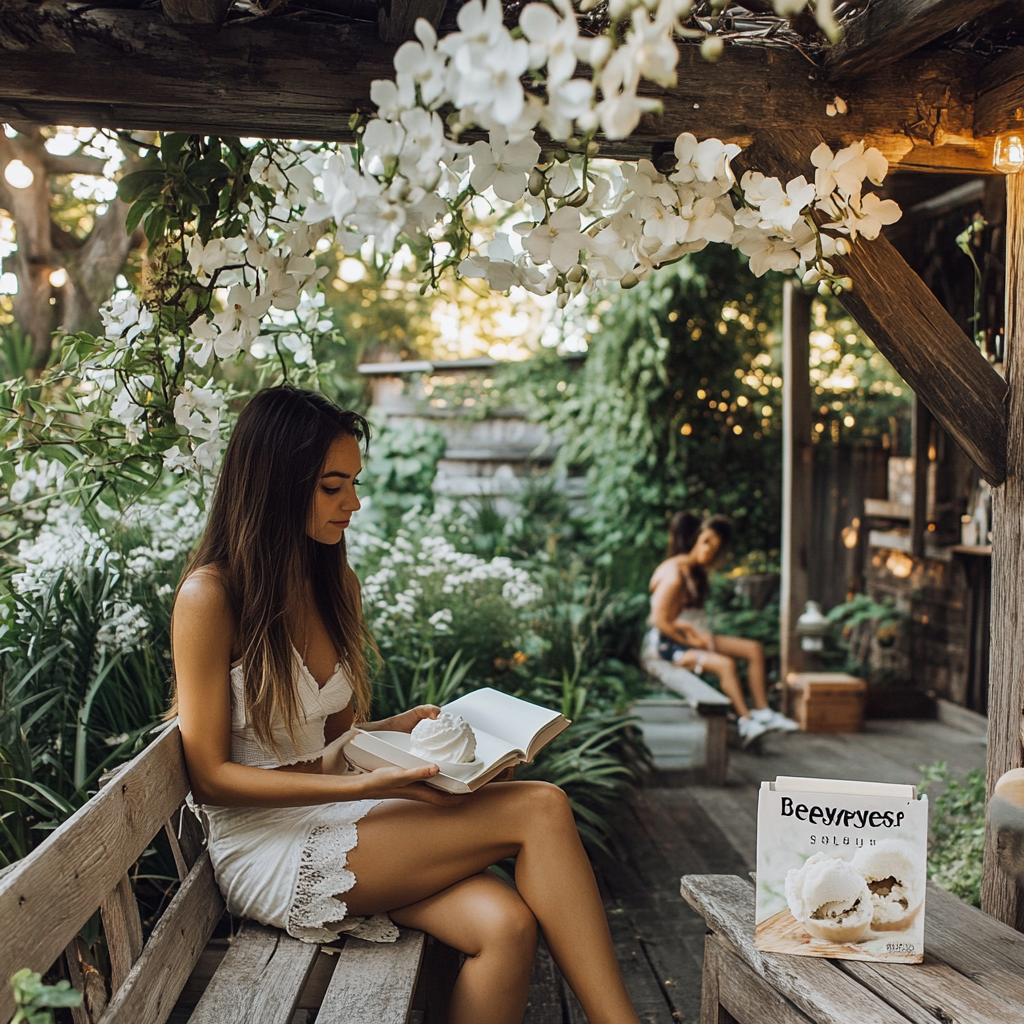 A Woman Enjoying Vanilla Ice Cream in Backyard