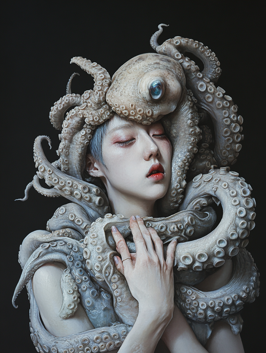 A Woman Held by Octopus in Dark Fantasy