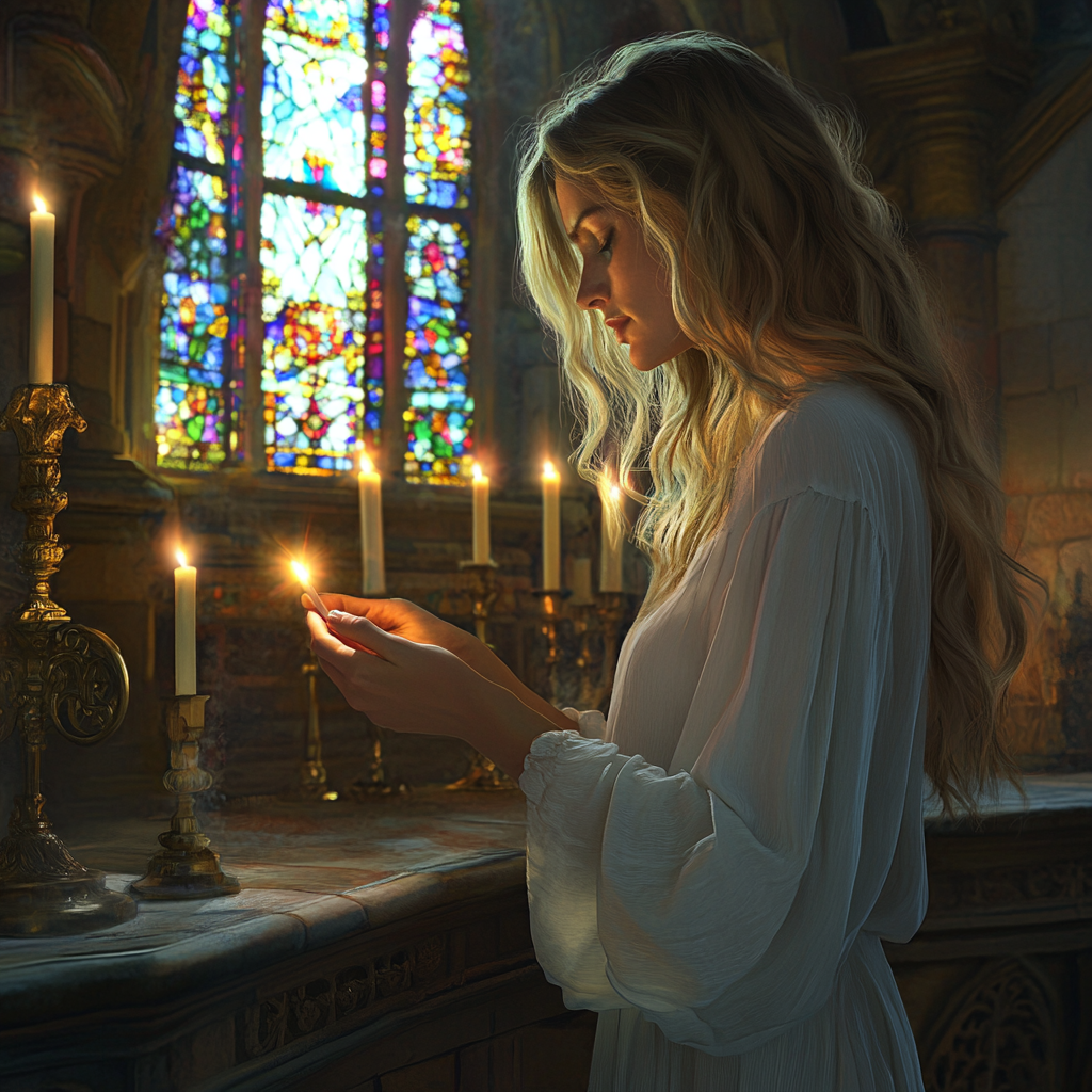 A Woman Lighting Candle in Tranquil Chapel