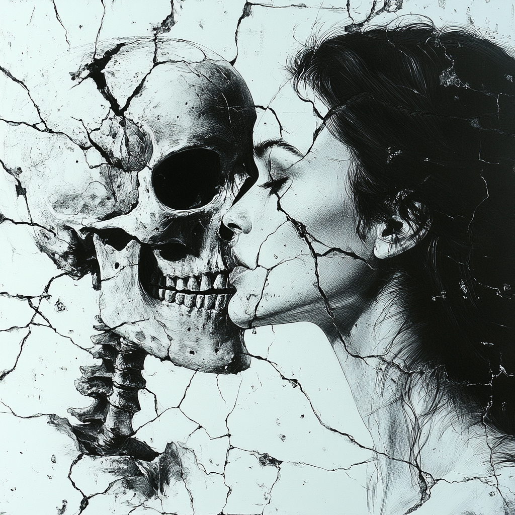 A Woman Loving Skeleton Amid Shattered Porcelain