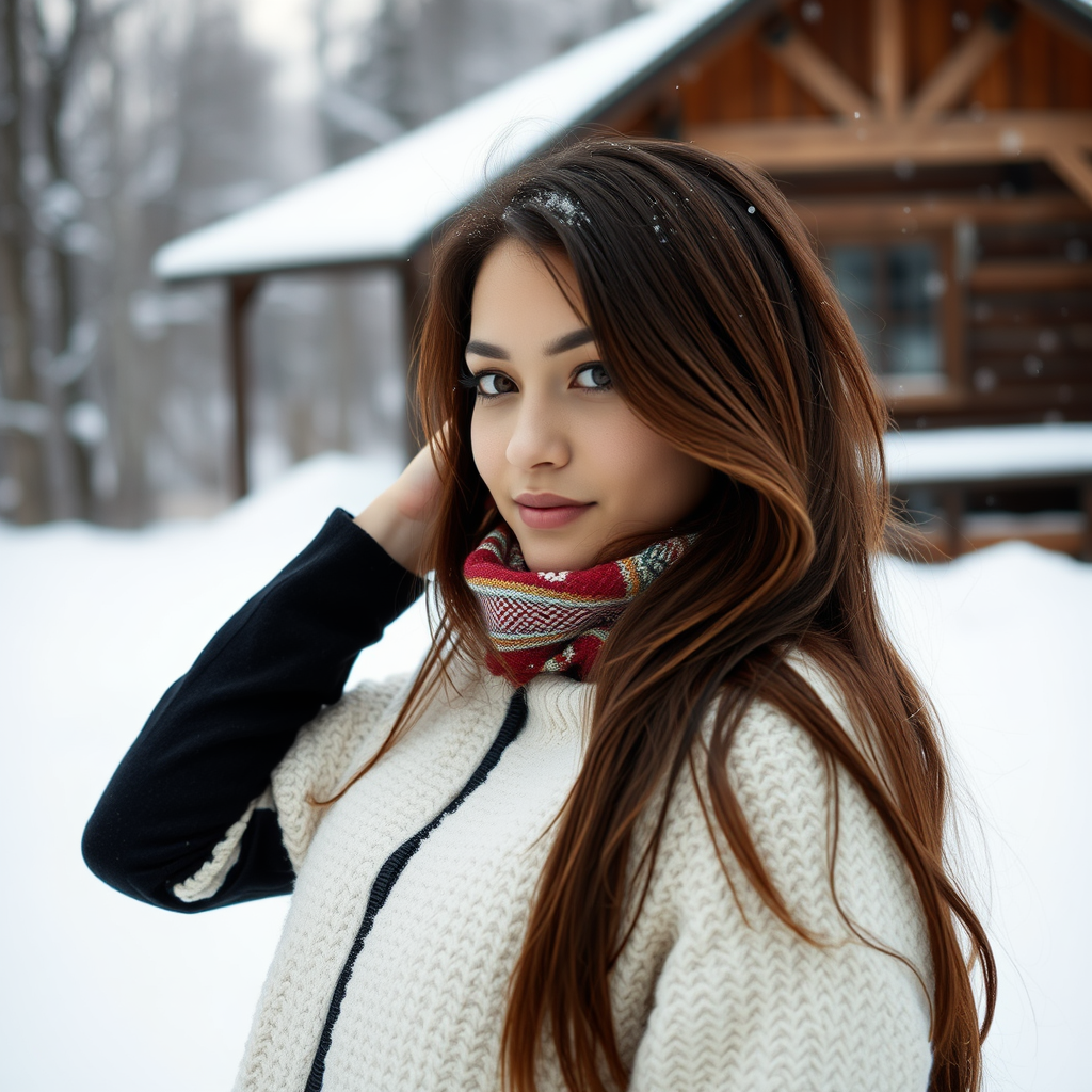 A Woman Posing Beside a Snowy Wooden Hut
