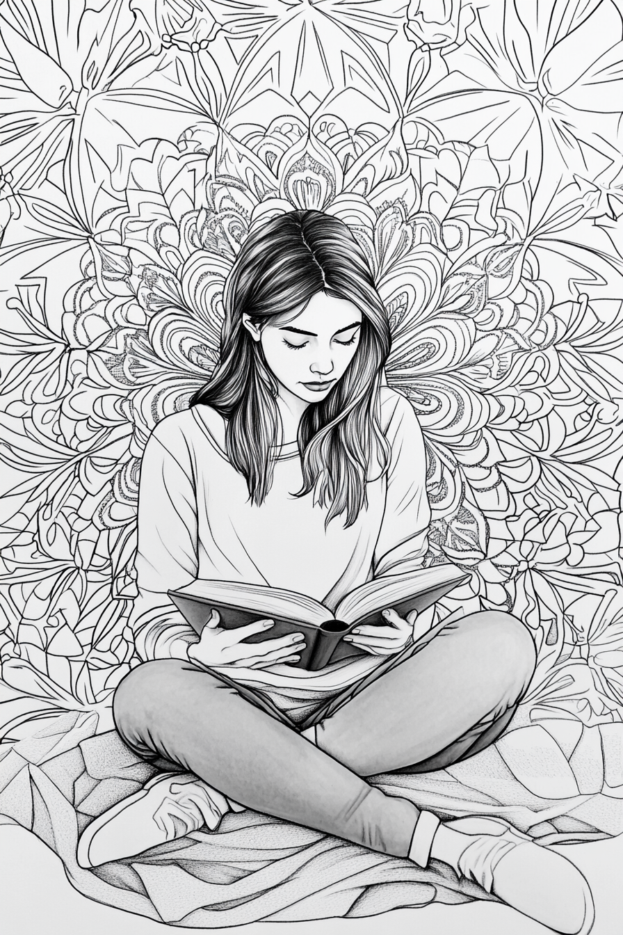 A Woman Reading in a Cozy Mandala Setting