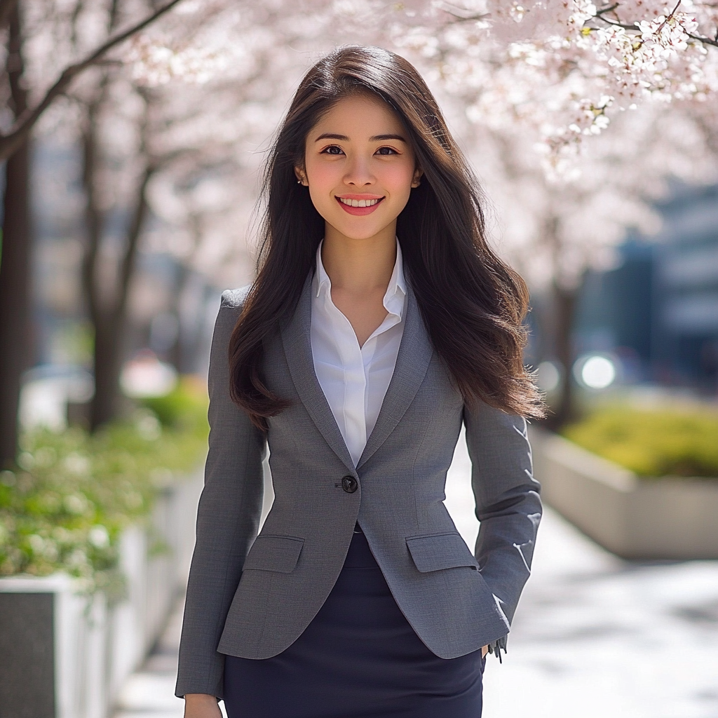 A Woman Smiling in Cherry Blossom Business District