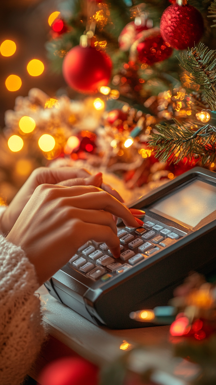 A Woman Using POS Machine in Christmas Shopping