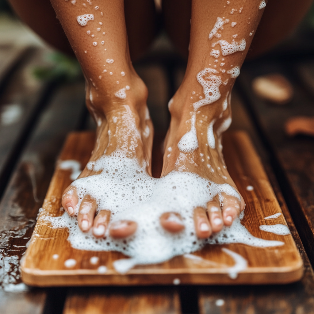 A Woman Washes Her Feet with Soap