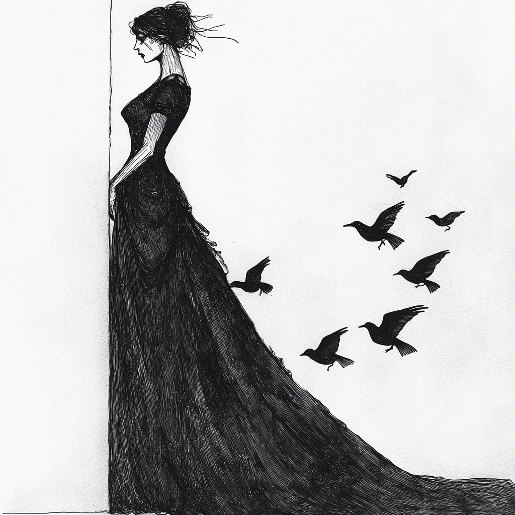 A Woman in Flowing Gown with Black Birds