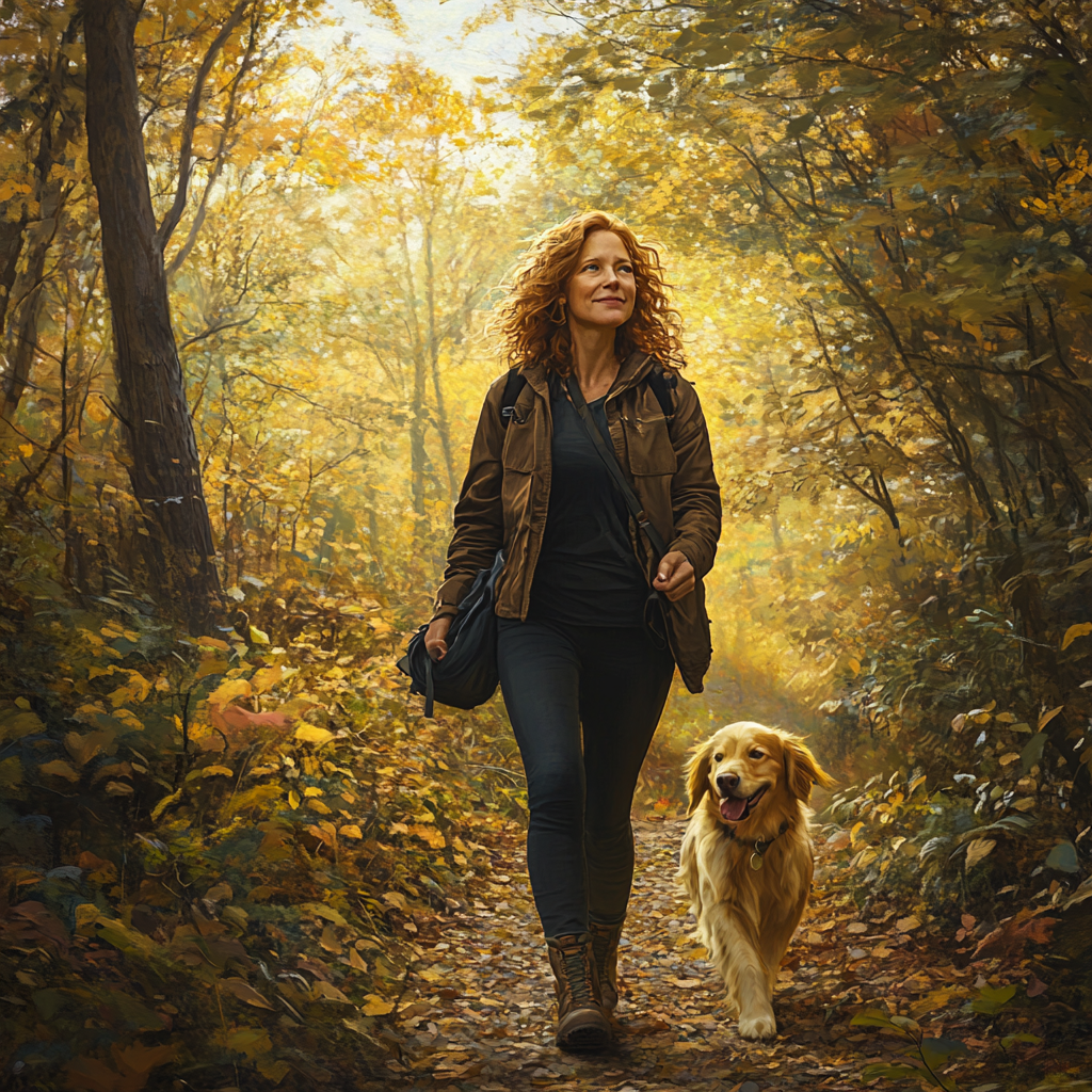 A Woman in Forest Path with Golden Retriever