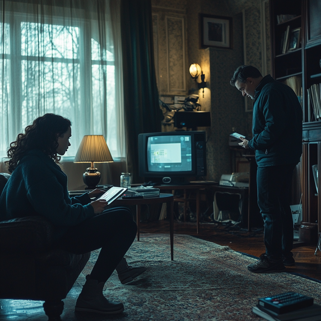 A Woman in Living Room with Investigator Watching