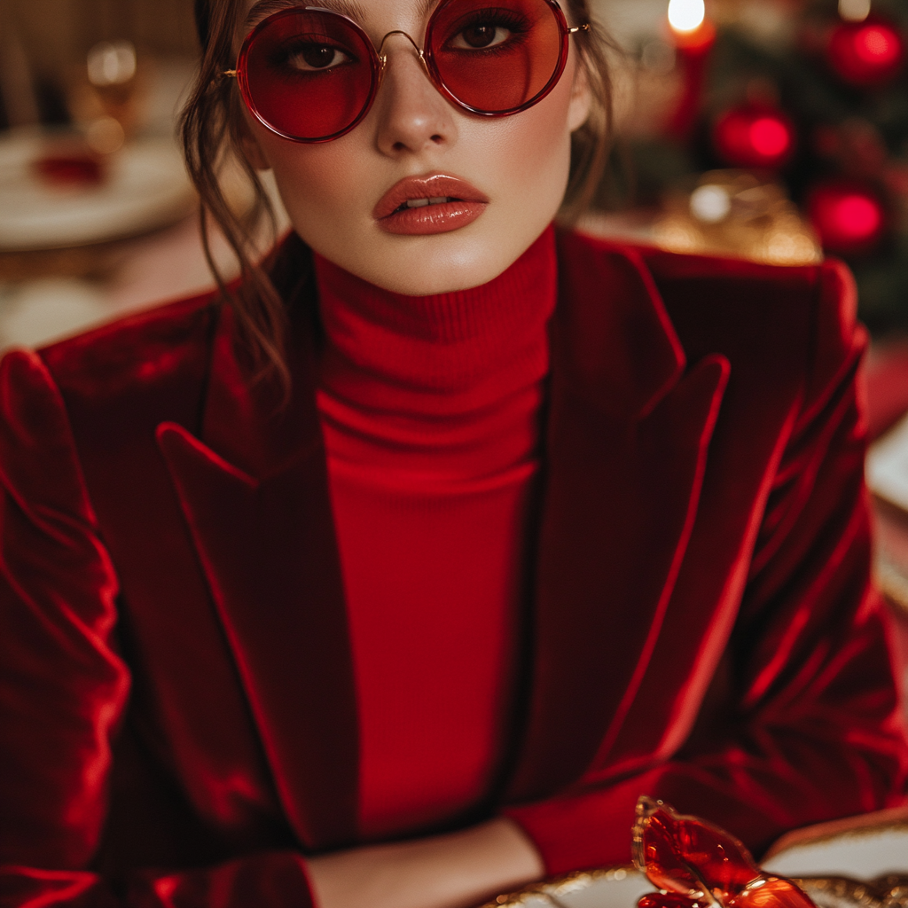 A Woman in a Red Blazer on a Holiday Table