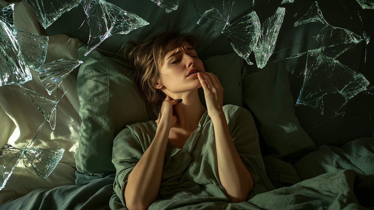 A Woman with sore throat surrounded by glass shards.