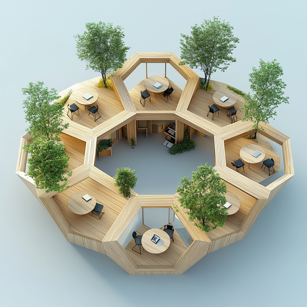 A Wooden Study Space with Round Platforms and Garden