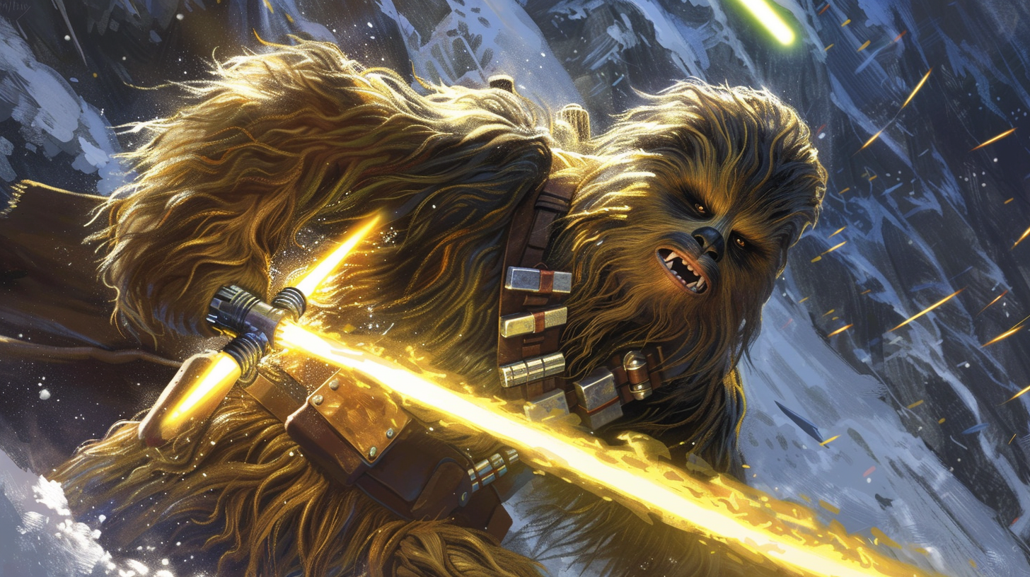 A Wookie Jedi battles Sith warrior in epic pose.