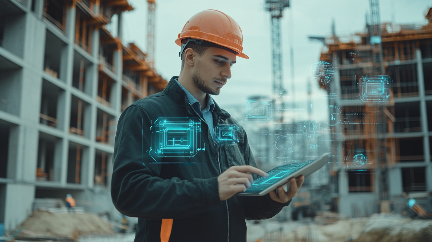 A Worker with a Tablet on a Construction Site