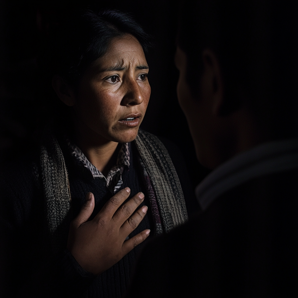 A Worried Bolivian Woman, Partner's Support Against Threat