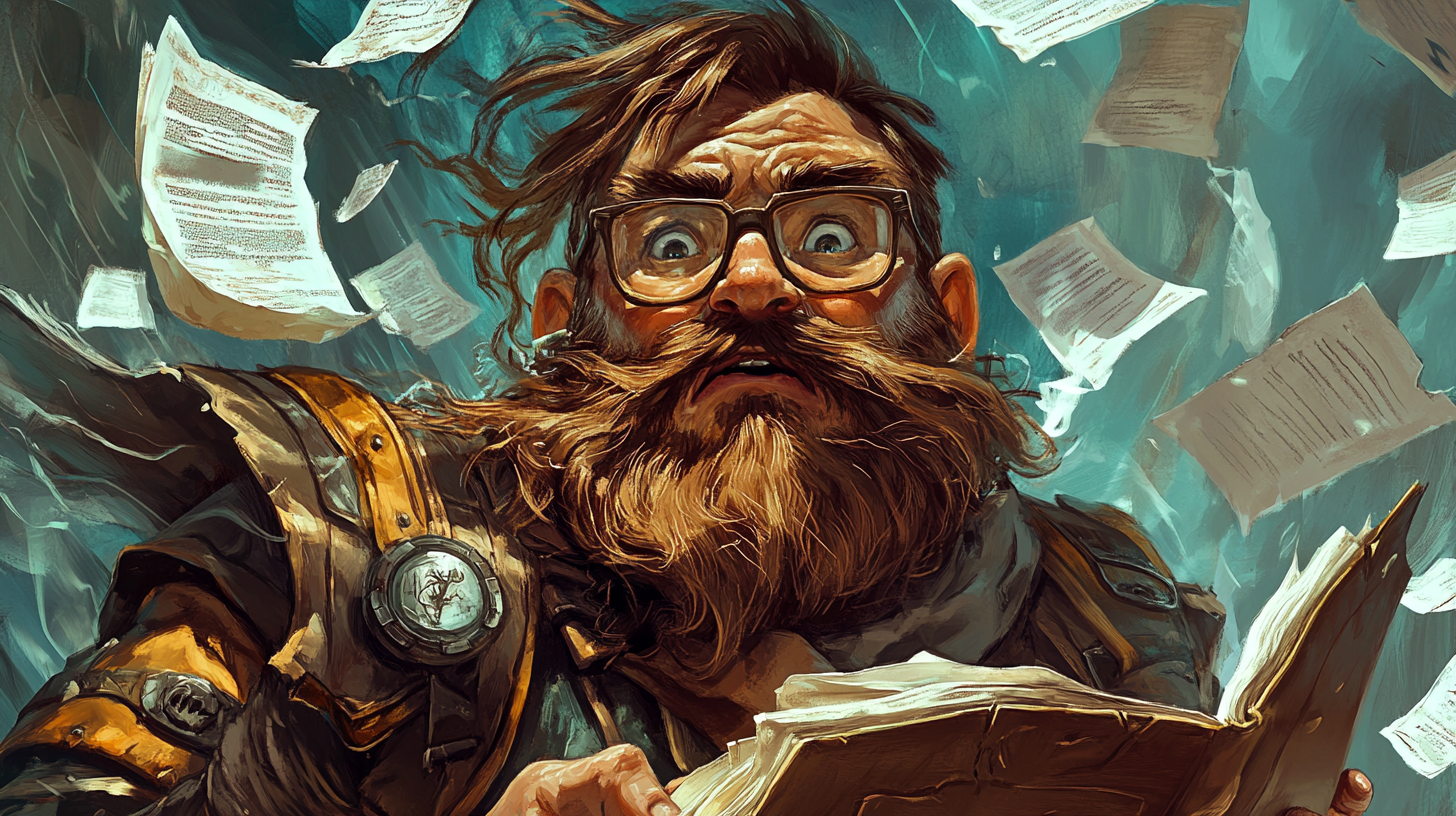 A Worried Dwarf Holding Shield Surrounded by Papers