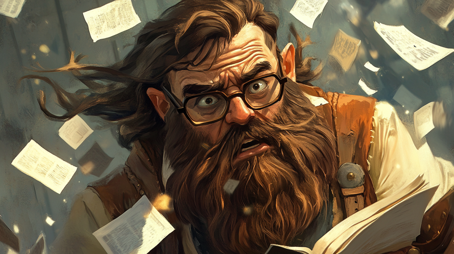 A Worried Dwarf with Shield and Chaotic Papers